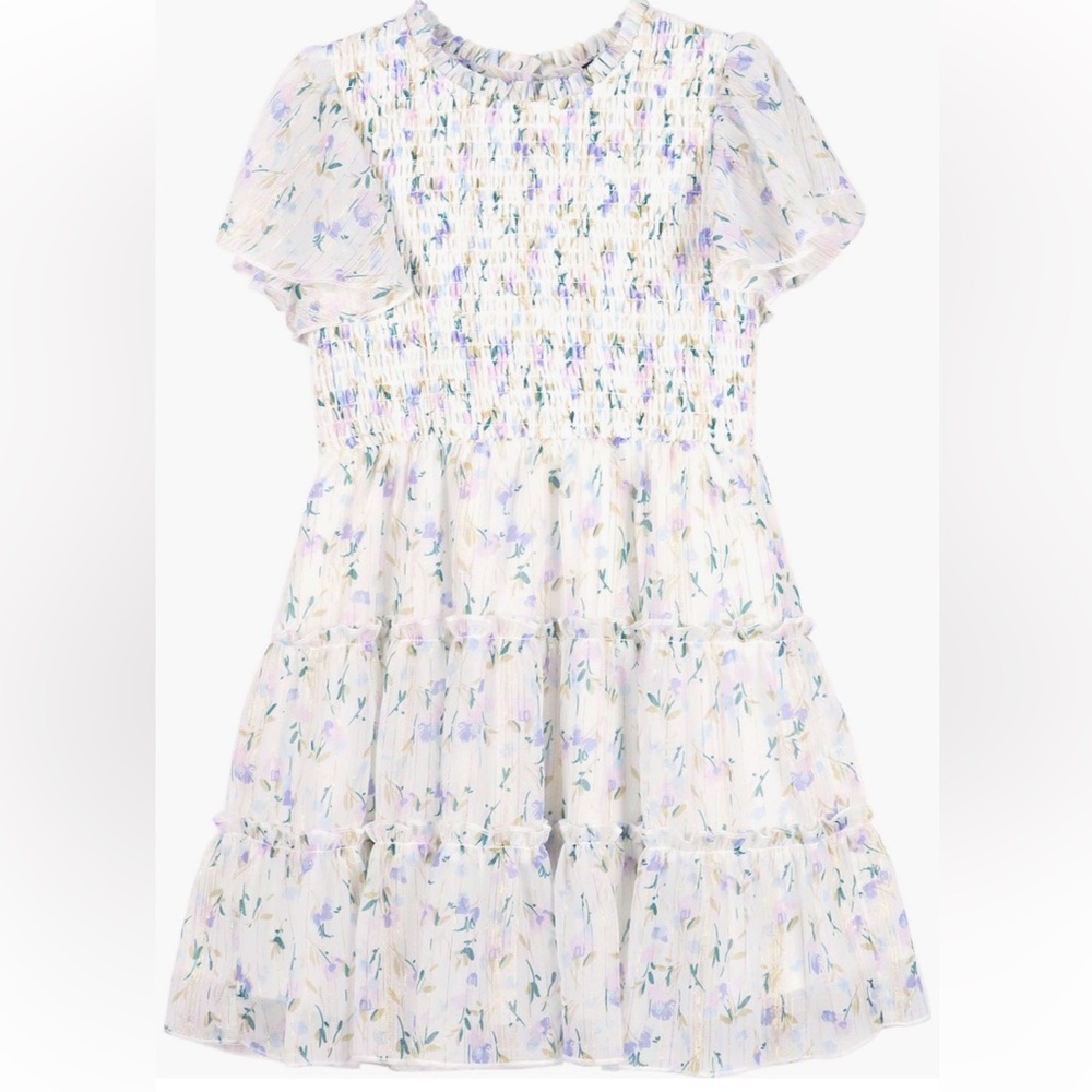 Zunie White and Purple Smocked Sundress with Flutter Sleeves